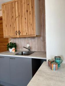 una cucina con lavandino e armadi in legno di Panorama appartement a Volda