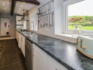 uma grande cozinha com um lavatório e uma janela em Rhydygaled em Llanarmon-Mynydd-mawr