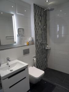 La salle de bains est pourvue d'un lavabo, de toilettes et d'une douche. dans l'établissement ZISA Ferienwohnung Bodensee, à Friedrichshafen