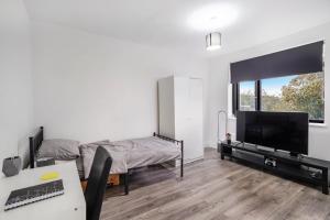 a bedroom with a bed and a tv and a desk at Sudbury heights Guest House in Harrow on the Hill