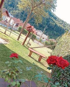 un parque con un banco de madera y rosas rojas en Chalés lima en Monte Verde