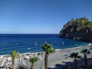 a view of a beach with palm trees and the ocean at Casa vacanze sul mare in SantʼAlessio Siculo