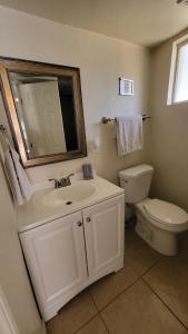 een badkamer met een wastafel, een toilet en een spiegel bij U1 - Entire 2 BR Pet Friendly APT in DT PHX with pkg in Phoenix