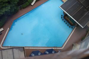 an overhead view of a large blue swimming pool at GemSuites Riverside in Nairobi