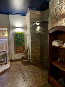 a bathroom with a shower with a stone wall at Apartament Baron II ***** in Jelenia Góra