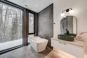ein Badezimmer mit einer Badewanne, einem Waschbecken und einem Spiegel in der Unterkunft Au Haut De La Colline Spa Et Sauna in St-Etienne de Bolton