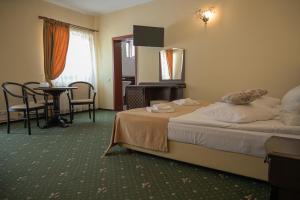 pokój hotelowy z łóżkiem, stołem i krzesłami w obiekcie Pensiunea Anotimpuri w mieście Predeal