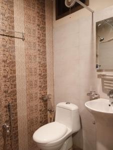 a bathroom with a white toilet and a sink at MZ Hotel and Restaurant Sukkur in Kalar Goth