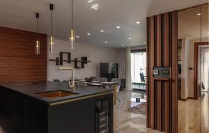 a kitchen with a sink and a living room at Awesome Apartment In Malinska With Wifi in Malinska