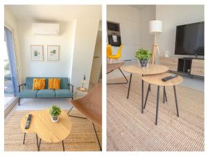 twee foto's van een woonkamer met een bank en een tafel bij Casas do Forte Sun 4pax by Portugal Hideaway in Cabanas de Tavira