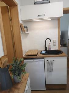 a kitchen with a sink and a dishwasher at Gemütliche Ferienwohnung in Torgau