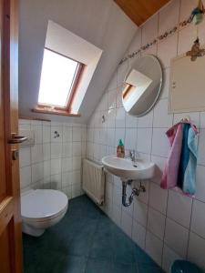 a small bathroom with a toilet and a sink at Ferienwohnung Sauer in Pfofeld