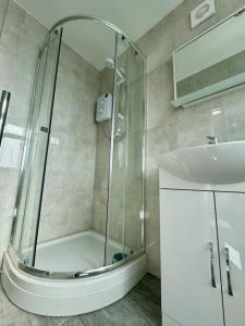 ein Badezimmer mit Dusche und Waschbecken in der Unterkunft Flat on high street in Saltdean