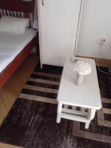 a white table with a vase on it in a room at Ikulu house in Mapenya