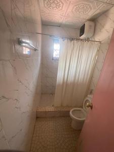 a bathroom with a toilet and a shower with a curtain at Biji Paradise Hotel in Benin City