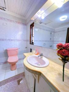 a bathroom with a pink toilet and a sink at Villa Ella in Mombasa