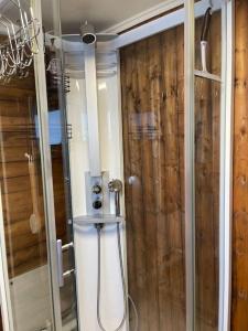 uma casa de banho com um chuveiro e um WC. em Koselig gårdshus em To