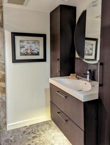 a bathroom with a sink and a mirror at By the Sea in Campbell River +10 photos