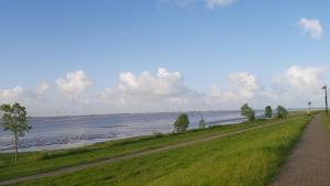a dirt road next to a river with trees on it at Ferienhaus Deichblick in Tönning