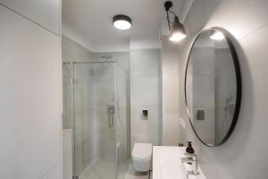a bathroom with a shower and a toilet and a mirror at UNIQUE Apartment with parking in Toruń