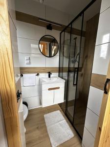 a bathroom with a white sink and a mirror at Pokoje Gościnne Malinówka in Krościenko +96 photos
