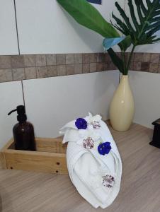 Ein paar Handtücher auf einem Regal mit einer Vase in der Unterkunft Les Balisiers du Sud in Saint-Joseph