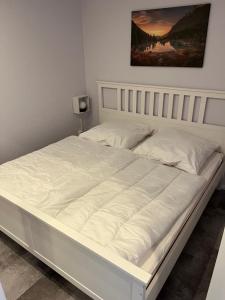 a large white bed in a white bedroom at Kleine Auszeit in Altenau