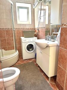 bagno con lavandino e servizi igienici e lavatrice. di Apartman Lara Laktasi a Laktaši