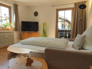 a living room with a couch and a tv at Haus Sabine Fewo Bergliebe in Wallgau