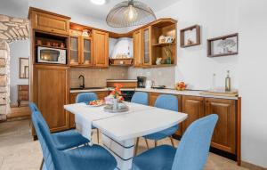 Kršanにある4 Bedroom Nice Home In Vlasici - Krsanのキッチン(白いテーブル、青い椅子付)