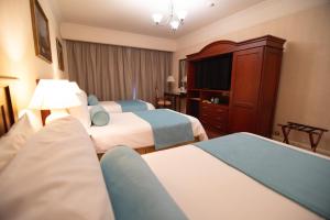 pokój hotelowy z 3 łóżkami i telewizorem w obiekcie Epic Hotel Villa Mercedes w mieście Villa Mercedes