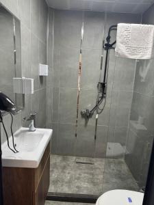 a bathroom with a shower and a sink at Sur Central Hotel in Diyarbakır