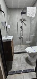 a bathroom with a shower and a toilet at Sur Central Hotel in Diyarbakır