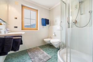 uma casa de banho com um WC, um lavatório e um chuveiro em Residence Oberhauser Apt 3 em Valdaora