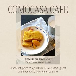 a flyer for a cafe with a plate of food and a cup of coffee at Seoul COMOCASA Full Option Residence in Seoul