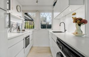 a white kitchen with a sink and a vase of flowers at Nice Home In Faxe Ladeplads With Wifi in Fakse Ladeplads
