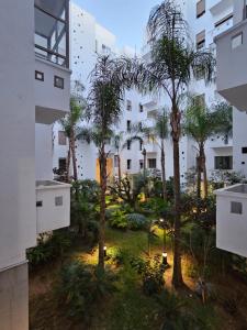 une cour avec des palmiers et des lumières dans l'établissement MIA Appartement - résidence les champs du printemps, à Casablanca
