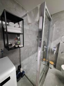 y baño con ducha y lavamanos. en Apartman Orhideja with Free Parking en Sarajevo