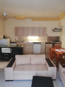 Il comprend un salon avec un canapé blanc et une cuisine. dans l'établissement Darna, à El Haouaria