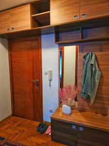 Zimmer mit Holztür und Spiegel in der Unterkunft Apartman Jovanovic in Vrnjačka Banja