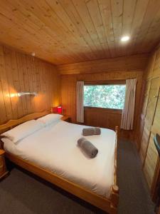 a large bed in a wooden room with a window at 3 Bedroom Lodge Lanteglos 17 in Lanteglos