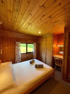 um quarto com uma cama num chalé de madeira em 3 Bedroom Lodge Lanteglos 11 em Lanteglos