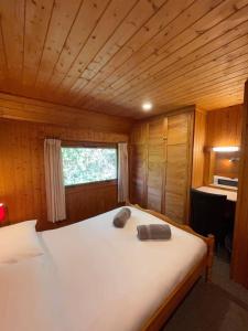 um quarto com uma cama num quarto de madeira em 3 bedroom Lodge Lanteglos 19 em Lanteglos
