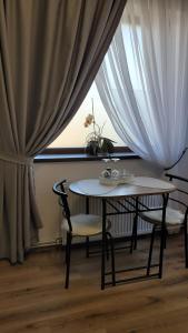 een tafel en stoelen in een kamer met een raam bij Clar studio 1 in Braşov