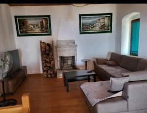 salon z kanapą i kominkiem w obiekcie Mystic villa w mieście Himara