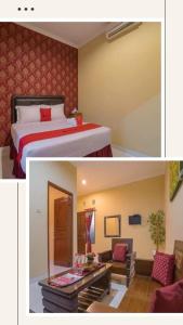 two pictures of a hotel room with a bed at Hotel Omah Cepit in Cepit