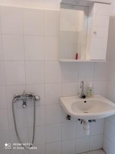 y baño con lavabo y ducha. en Kandilari Apartments, en Kokkino Nero