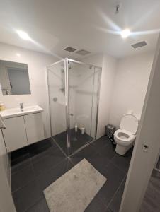 a bathroom with a shower and a toilet and a sink at Dana-Cozy Apartment with Shared Entry in the City in Canberra