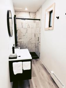 a bathroom with a sink and a shower at À Bon Port in Perce