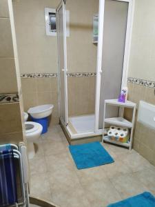 y baño con ducha, aseo y alfombras azules. en Cosy appartement Front de mer - Marina Studio, en Marina Smir